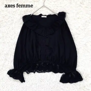 [엑시즈팜] 프릴 옷깃 레이스 절개 블라우스(M) 페미닌 워셔블 블랙