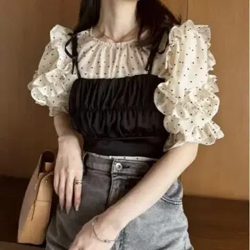 시어 블라우스 뷔스티에 세트 2wayNICE CLAUP 걸리시 도트 무늬