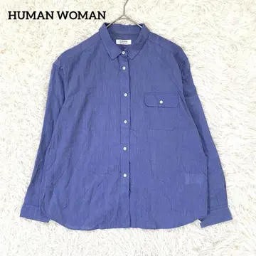 휴먼 우먼] 얇은 소재 코튼 셔츠 (M) 비침 포켓 포함 블루 세탁 가능