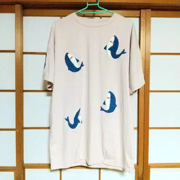 상어 자수 티셔츠 반팔 핑크 베이지 여성용 프리 사이즈