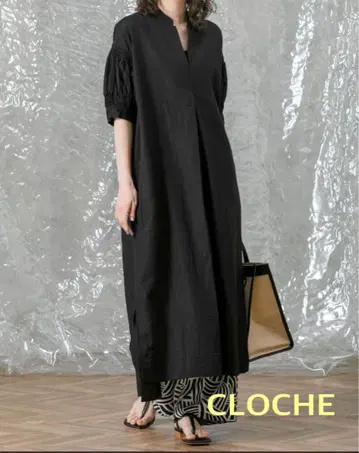 CLOCHE 블랙 마 혼방 키넥 소매 개더 원피스 블랙