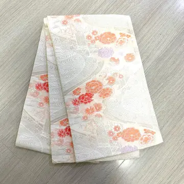 순수 실크 후쿠로 오비 벚꽃색 x 꽃무늬 은사 직조 고급 포멀