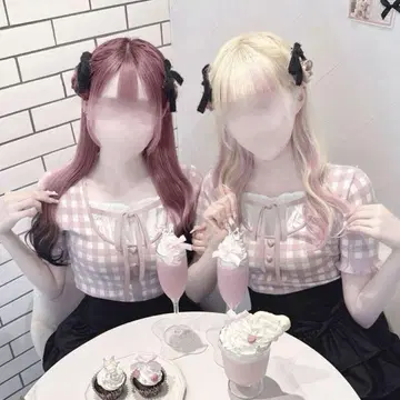 HONEY MEW 깅엄 트윈 리본 상의 프리 사이즈