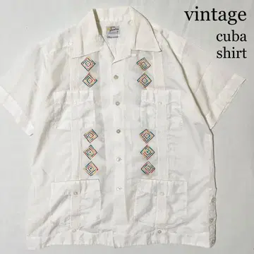 vintage 자수 디자인 쿠바 셔츠 오픈 카라 셔츠 화이트