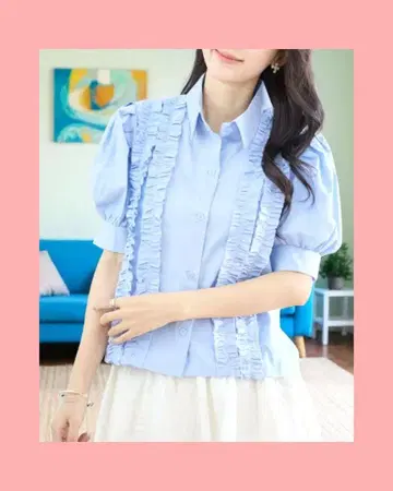 미사용 새상품! 프릴 디자인 퍼프 슬리브 셔츠 블루