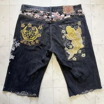 부텐쇼텐 데님 팬츠 하프 청바지 캐주얼 일본풍 패턴