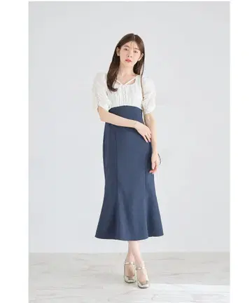 펄 장식 파워 숄더 배색 도킹 머메이드 원피스