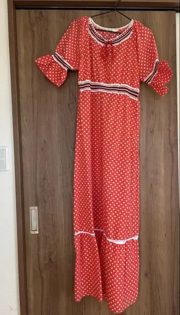 vintage 빨간색 도트 무늬 도트 반팔 롱 원피스