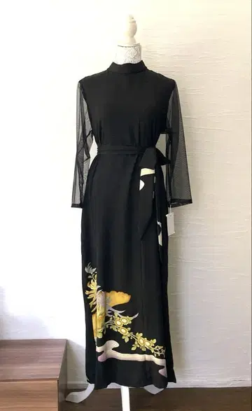 블랙 전통 예복 기모노 리메이크 포멀 원피스 & 리본 벨트 세트