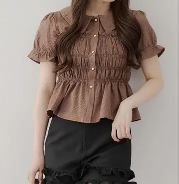 브라운 프릴 옷깃 반팔 상의 미사용 새상품