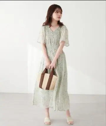 natural couture 그린 꽃무늬 롱 원피스 반팔