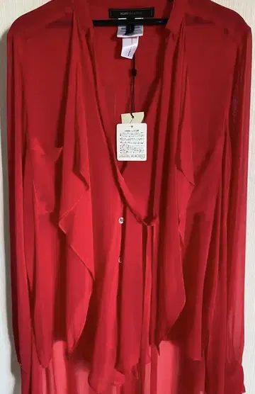 새상품 BCBGMAXAZRIA 레드 시스루 100% 실크 셔츠 블라우스