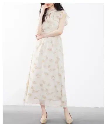 프릴 꽃무늬 롱 원피스 브라운