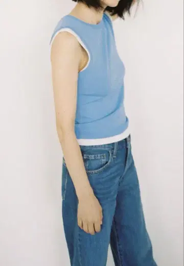ZARA 더블 레이어 마감 니트 탑 얇은 소재 블루