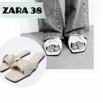 ZARA 트위스트 가죽 플랫 샌들 에크루 36 화이트 펌프스