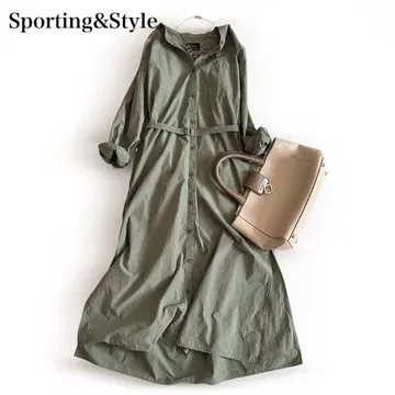 Sporting&Style. 밴드 카라 셔츠 원피스 카키 롱 기장