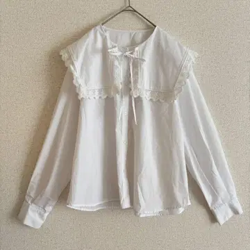 지유 레이스 스트림 빅 칼라 셔츠 L 블라우스 프릴 긴팔 세일러
