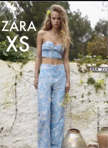ZARA XS 스카이블루 꽃무늬 와이드 팬츠
