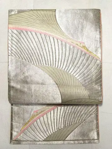 빈티지 순수 실크 후쿠로 오비, 은색 바탕에 학 무늬