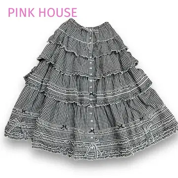 컨디션 최상 PINK HOUSE 깅엄 체크 프릴 티어드 롱 스커트
