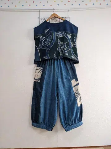 빈티지 원단 리메이크 통 그림 네이비 나염 목화 풀오버