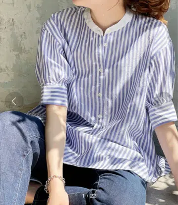 스픽 앤 스팬 턱 슬리브 셔츠 스트라이프 셔츠 린넨 혼방