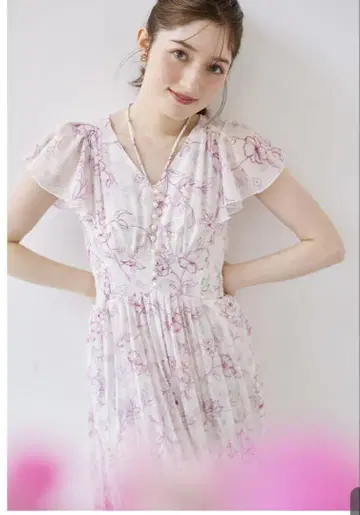 tocco 펄 장식 넥 리본 수채화 라인 플라워 플리츠 원피스