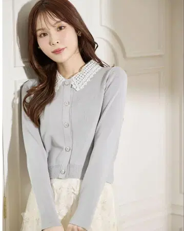 tocco closet 2WAY 레이스 카라 부착 비쥬 버튼 니트 가디건