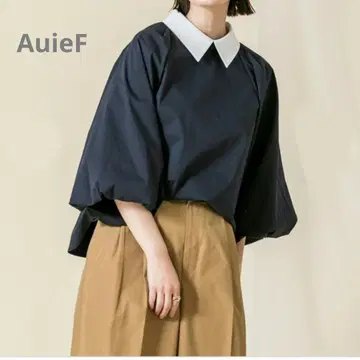 AuieF 카라 부착 벌룬 슬리브 블라우스 7부 소매 네이비