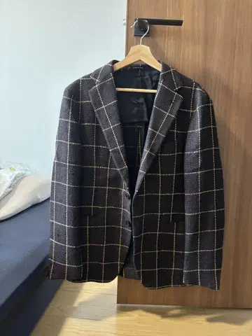 이탈리아제 다크 브라운 체크 무늬 테일러드 자켓