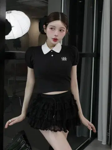 darich 다리치 DRCH 바이컬러 피케 셔츠 블랙 로고 옷깃 반팔
