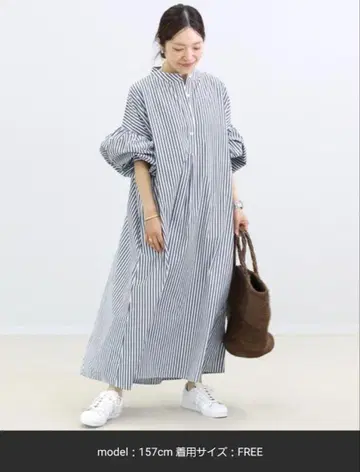 스트라이프 벌룬 소매 롱 셔츠 원피스