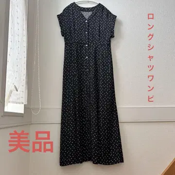 그린 레베벨 반팔 셔츠 원피스 롱 기장 도트 무늬