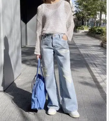 Spick & span AUTHEN 로우라이즈 와이드 레그 데미지 데님