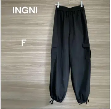INGNI [F] 블랙 카고 팬츠 허리 밴딩 면 혼방 드로우 스트링