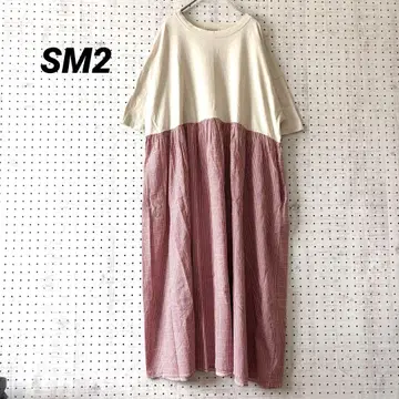 사만사 모스모스 SM2 아이보리 빨간색 체크 반팔 이소재 롱 원피스