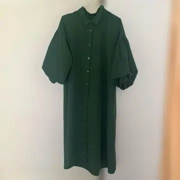 그린 벌룬 슬리브 셔츠 원피스