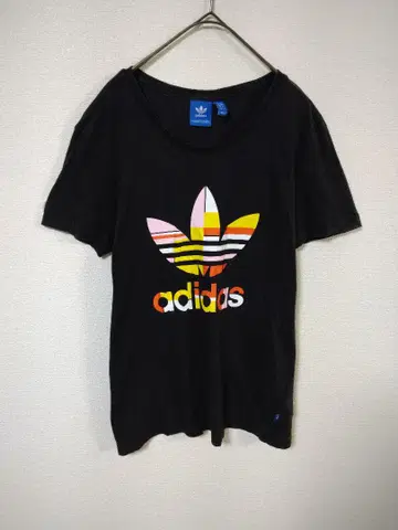 아디다스 adidas 티셔츠 여성용 M 블랙 컬러 컬러풀 로고 레이온