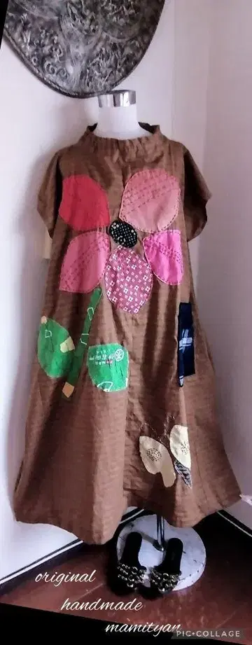 브라운 계열 유카타 옷감/홍화염 꽃 자수/빈티지 원단 쪽염 포켓 L~3L