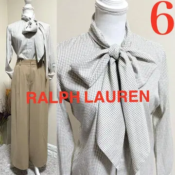 새상품급! 랄프 로렌 보타이 리본 체크 긴팔 블라우스 6 L 베이지