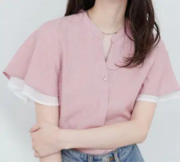 natural couture 소매 시어 펄 버튼 스키퍼 블라우스 핑크
