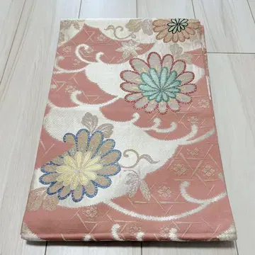 순수 실크 앤티크 마루오비, 파도와 국화 패턴