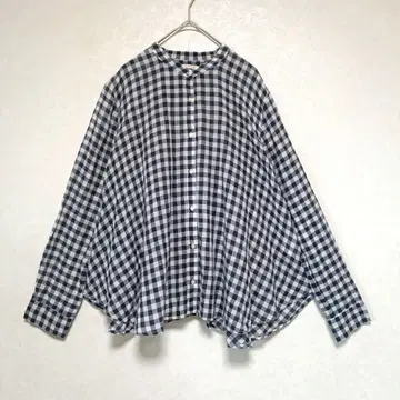새상품급 누키테파 백 개더 체크 블라우스 밴드 카라 플레어