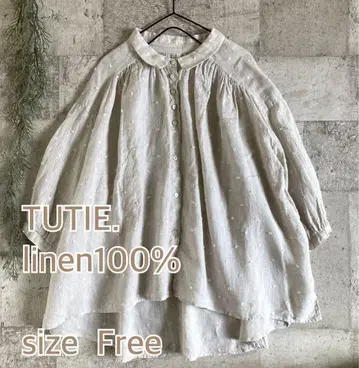 TUTIE. 치비 옷깃 린넨 7부 소매 블라우스 내추럴 개더 블라우스