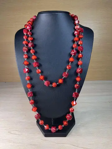 빨간색 비즈 롱 목걸이 약 60cm
