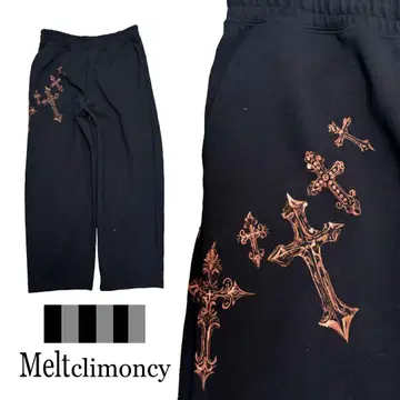 Meltclimony 블랙 와이드 팬츠 십자가 핸드 페인트 L