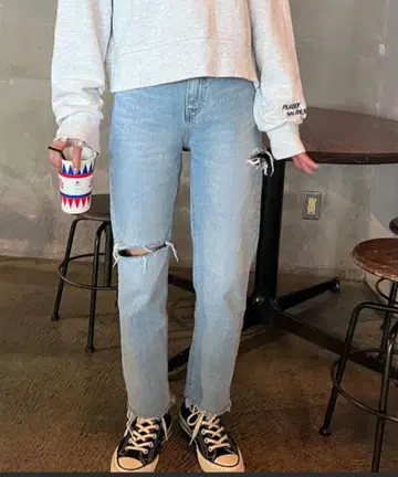ISOOK 아이스 데미지 테이퍼드 데님 크러쉬 데님 하이웨스트