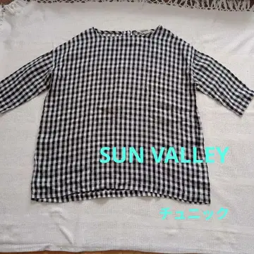 SUN VALLEY 체크 무늬 오부 소매 튜닉 린넨 넉넉한 새상품급