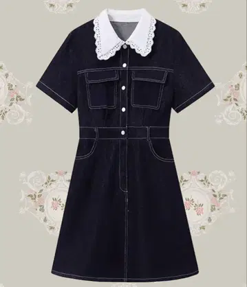LA POMME petit 레이스 옷깃 반팔 데님 미니 원피스