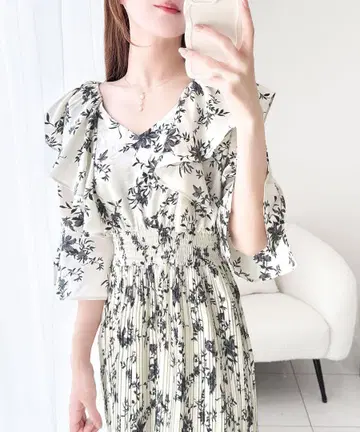 플리츠 꽃무늬 맥시 원피스